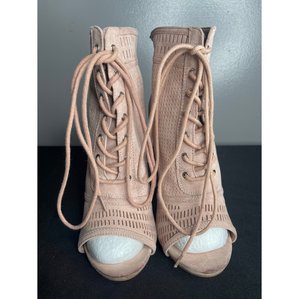 JustFab Dancing Queen Blush Pink Perforated Lace Up Peep Toe Booties 8.5